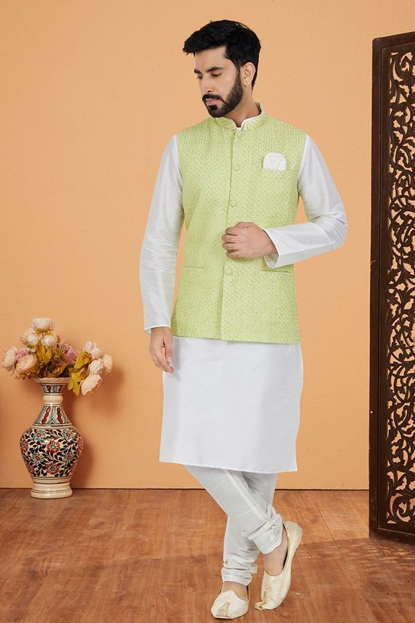 Picture of  Royal White and Pista Designer Men’s Kurta Jacket Sets for Engagement, Reception, Festivals, Sangeet, and Party