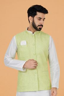 Picture of  Royal White and Pista Designer Men’s Kurta Jacket Sets for Engagement, Reception, Festivals, Sangeet, and Party
