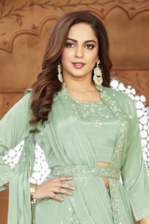 Picture of Smashing Mint Green Designer Indo-Western Outfit for Engagement, Reception, Festivals, Sangeet, and Parties