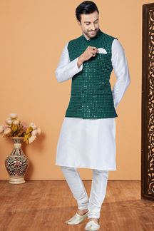 Picture of  Splendid White and Green Designer Men’s Kurta Jacket Sets for Engagement, Reception, Festivals, Sangeet, and Party