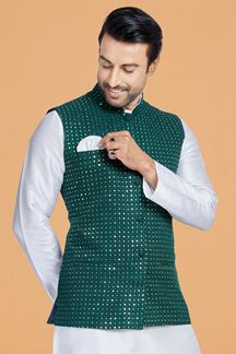 Picture of  Splendid White and Green Designer Men’s Kurta Jacket Sets for Engagement, Reception, Festivals, Sangeet, and Party