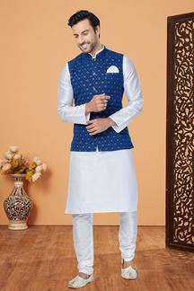 Picture of  Enticing White and Navy Blue Designer Men’s Kurta Jacket Sets for Engagement, Reception, Festivals, Sangeet, and Party