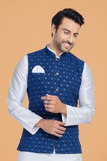 Picture of  Enticing White and Navy Blue Designer Men’s Kurta Jacket Sets for Engagement, Reception, Festivals, Sangeet, and Party