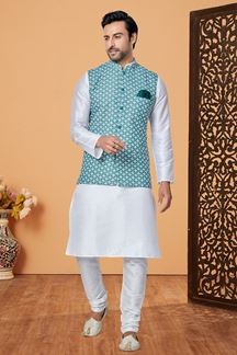 Picture of  Artistic White and Blue Designer Men’s Kurta Jacket Sets for Engagement, Reception, Festivals, Sangeet, and Party
