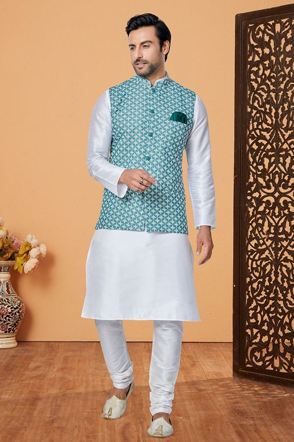 Picture of  Artistic White and Blue Designer Men’s Kurta Jacket Sets for Engagement, Reception, Festivals, Sangeet, and Party