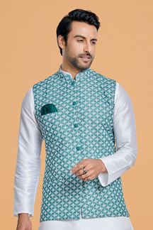Picture of  Artistic White and Blue Designer Men’s Kurta Jacket Sets for Engagement, Reception, Festivals, Sangeet, and Party