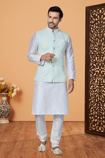 Picture of  Magnificent Off-White and Sky Blue Designer Men’s Kurta Jacket Sets for Engagement, Reception, Festivals, Sangeet, and Party