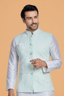 Picture of  Magnificent Off-White and Sky Blue Designer Men’s Kurta Jacket Sets for Engagement, Reception, Festivals, Sangeet, and Party