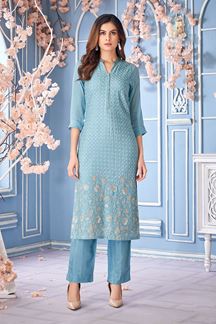 Picture of Attractive Sky Blue Designer Kurtis for Engagement, Reception, Festivals, Hangouts, Sangeet, and Parties