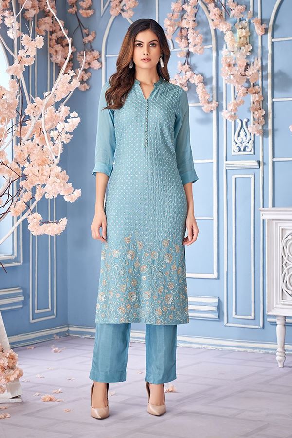 Picture of Attractive Sky Blue Designer Kurtis for Engagement, Reception, Festivals, Hangouts, Sangeet, and Parties