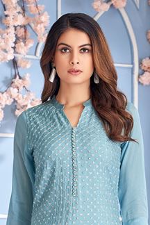 Picture of Attractive Sky Blue Designer Kurtis for Engagement, Reception, Festivals, Hangouts, Sangeet, and Parties