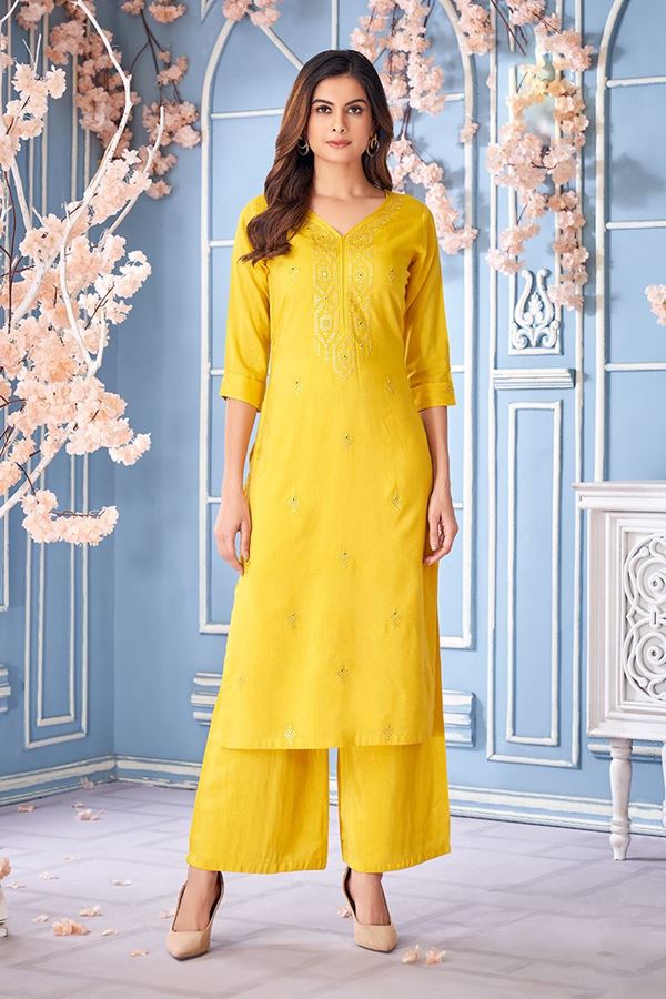 Picture of Royal Yellow Designer Kurtis for Haldi, Hangouts, Sangeet, and Parties