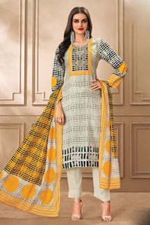 Picture of Alluring Off-White and Yellow Designer Straight Cut Suit for Festivals, Sangeet, and Parties
