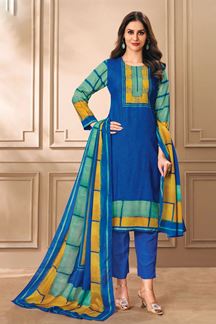 Picture of Charismatic Blue and Yellow Designer Straight Cut Suit for Festivals, Sangeet, and Parties