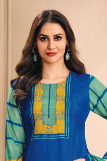 Picture of Charismatic Blue and Yellow Designer Straight Cut Suit for Festivals, Sangeet, and Parties