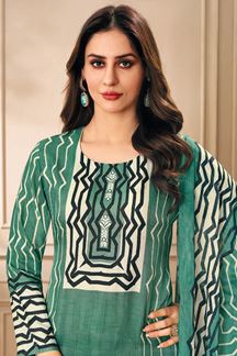 Picture of Outstanding Turquoise Green and Off-White Designer Straight Cut Suit for Mehendi, Festivals, Sangeet, and Parties