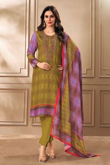 Picture of Dazzling Olive Green and Lavender Designer Straight Cut Suit for Festivals, Sangeet, and Parties