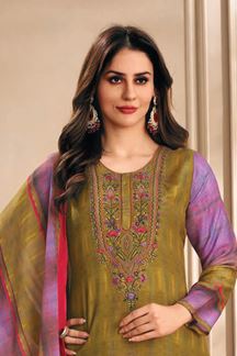 Picture of Dazzling Olive Green and Lavender Designer Straight Cut Suit for Festivals, Sangeet, and Parties