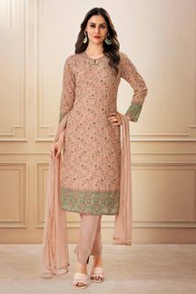 Picture of  Flamboyant Peach Designer Straight Cut Suit for Festivals, Sangeet, and Parties