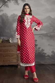 Picture of Creative Red Designer Straight Cut Suit for Festivals, Sangeet, and Parties