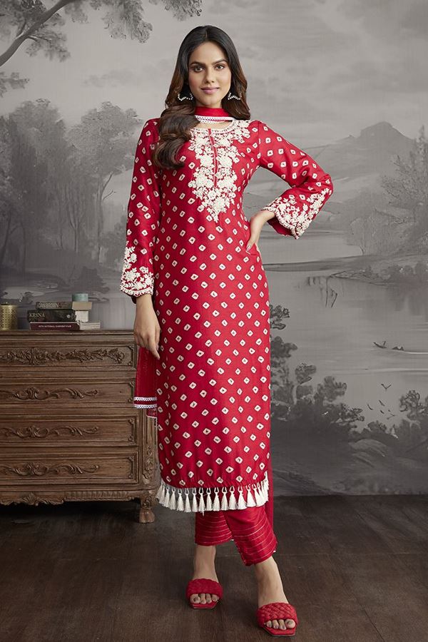 Picture of Creative Red Designer Straight Cut Suit for Festivals, Sangeet, and Parties