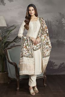 Picture of Striking Cream Designer Straight Cut Suit for Festivals, Sangeet, and Parties