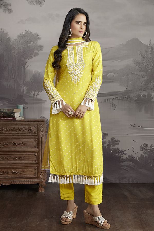 Picture of Pretty Yellow Designer Straight Cut Suit for Haldi, Sangeet and Parties