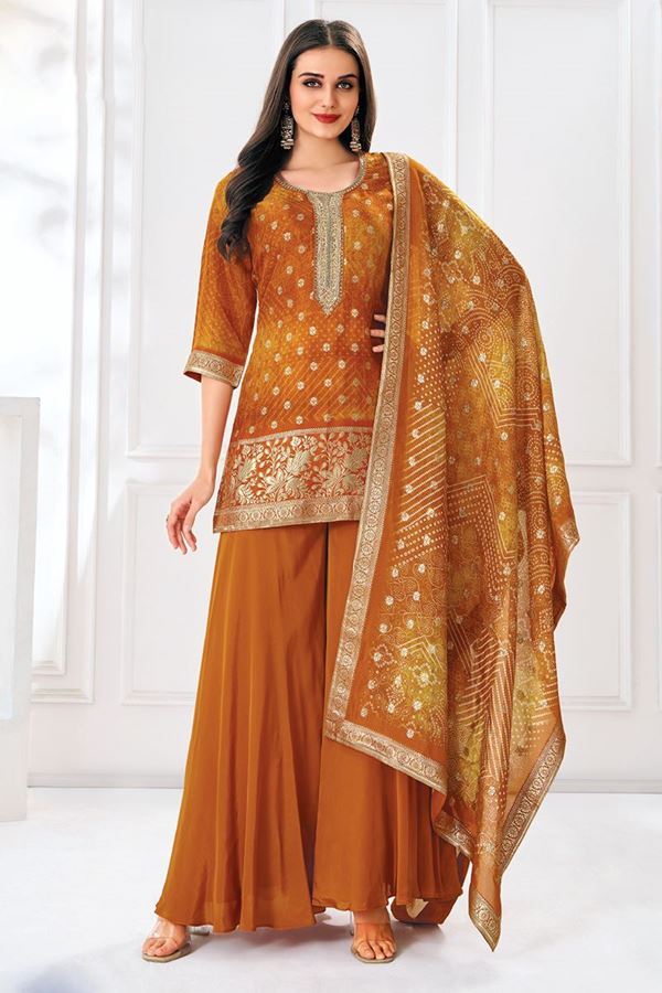 Picture of  Captivating Mustard Designer Sharara Suit for Haldi, Wedding, Reception, Festivals, Sangeet, and Parties