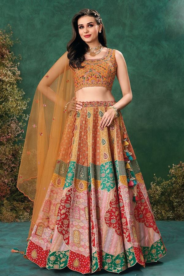 Picture of Captivating Multi and Orange Designer Indo-Western Lehenga Choli for Engagement, Wedding, Reception, Sangeet, and Parties