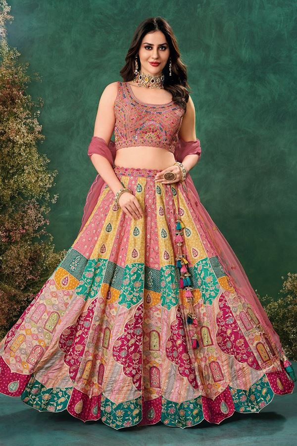 Picture of Exuberant Multi and Light Pink Designer Indo-Western Lehenga Choli for Engagement, Wedding, Reception, Sangeet, and Parties