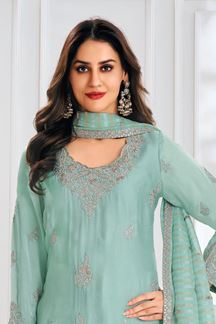 Picture of  Outstanding Turquoise Blue Designer Sharara Suit for Engagement, Reception, Festivals, Sangeet, and Parties