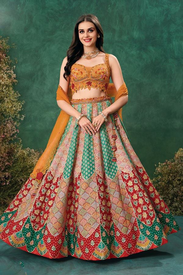 Picture of Charismatic Multi and Mustard Designer Indo-Western Lehenga Choli for Wedding, Reception, Sangeet, and Parties