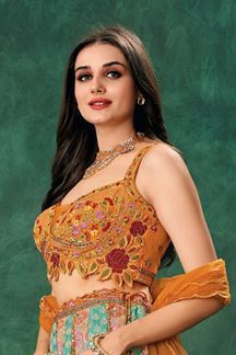 Picture of Charismatic Multi and Mustard Designer Indo-Western Lehenga Choli for Wedding, Reception, Sangeet, and Parties