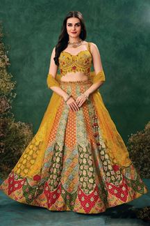 Picture of Smashing Multi and Mustard Designer Indo-Western Lehenga Choli for Haldi, Wedding, Reception, Sangeet, and Parties