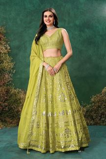 Picture of Outstanding Green Designer Indo-Western Lehenga Choli for Mehendi, Engagement, Reception, Sangeet, and Parties