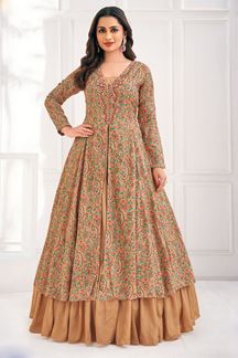 Picture of  Striking Beige Cotton Blend Designer Anarkali Suit for Engagement, Reception, Festivals, Sangeet, and Parties
