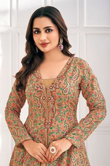 Picture of  Striking Beige Cotton Blend Designer Anarkali Suit for Engagement, Reception, Festivals, Sangeet, and Parties