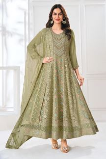 Picture of  Flawless Pista Green Chanderi Silk Designer Anarkali Suit for Engagement, Reception, Festivals, Sangeet, and Parties