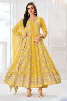 Picture of  Flamboyant Yellow Chanderi Silk Designer Anarkali Suit for Haldi, Wedding, Reception, Festivals, Sangeet, and Parties