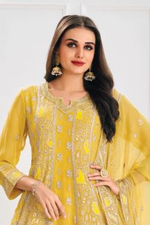 Picture of  Flamboyant Yellow Chanderi Silk Designer Anarkali Suit for Haldi, Wedding, Reception, Festivals, Sangeet, and Parties