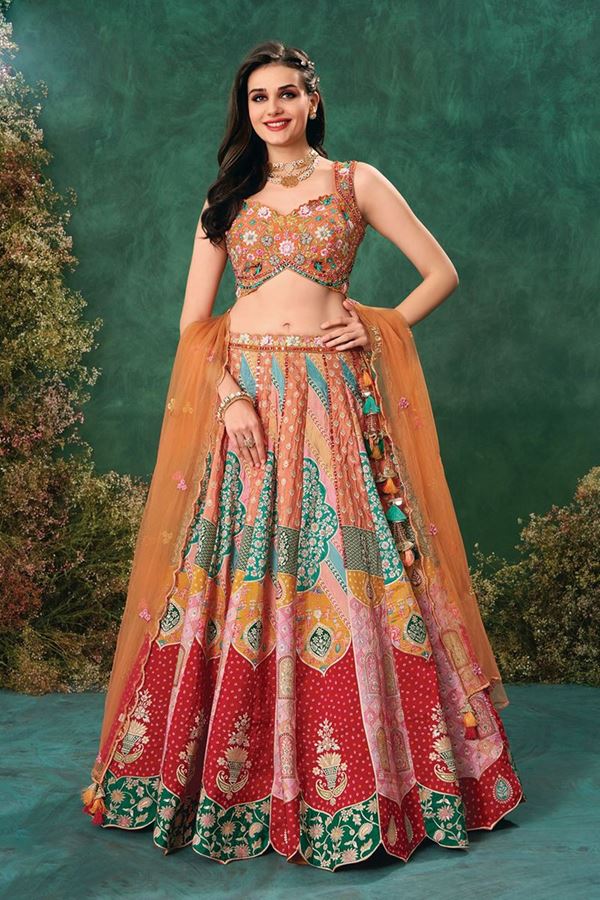Picture of Flamboyant Multi and Rust Designer Indo-Western Lehenga Choli for Engagement, Wedding, Reception, Sangeet, and Parties