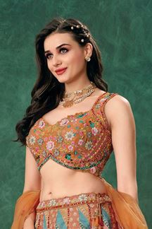 Picture of Flamboyant Multi and Rust Designer Indo-Western Lehenga Choli for Engagement, Wedding, Reception, Sangeet, and Parties