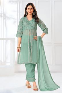 Picture of  Amazing Green Designer Straight Cut Suit for Mehendi, Festivals, Sangeet, and Parties