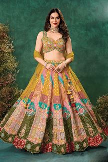 Picture of Pretty Multi and Mustard Designer Indo-Western Lehenga Choli for Haldi, Engagement, Wedding, Reception, Sangeet, and Parties