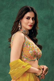Picture of Pretty Multi and Mustard Designer Indo-Western Lehenga Choli for Haldi, Engagement, Wedding, Reception, Sangeet, and Parties