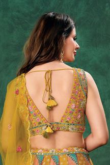 Picture of Pretty Multi and Mustard Designer Indo-Western Lehenga Choli for Haldi, Engagement, Wedding, Reception, Sangeet, and Parties
