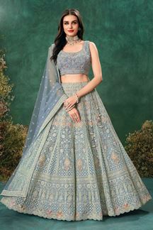Picture of Enticing Sky Blue Designer Indo-Western Lehenga Choli for Engagement, Reception, Sangeet, and Parties