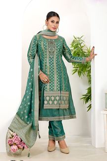 Picture of  Breathtaking Rama Green Designer A-Line Suit for Mehendi, Wedding, Reception, Festivals, Sangeet, and Parties