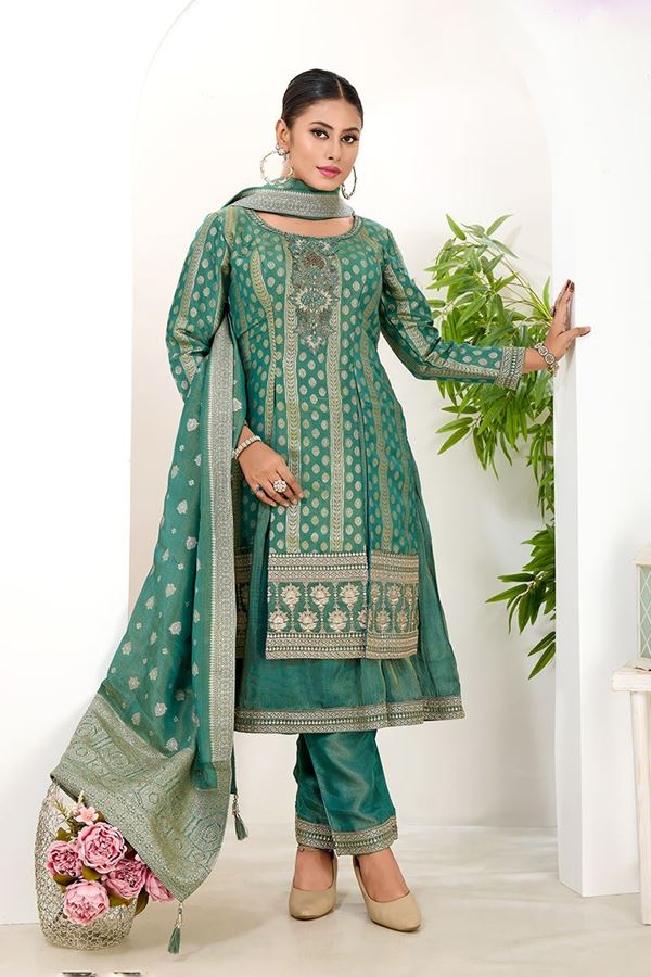Picture of  Breathtaking Rama Green Designer A-Line Suit for Mehendi, Wedding, Reception, Festivals, Sangeet, and Parties