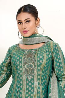 Picture of  Breathtaking Rama Green Designer A-Line Suit for Mehendi, Wedding, Reception, Festivals, Sangeet, and Parties